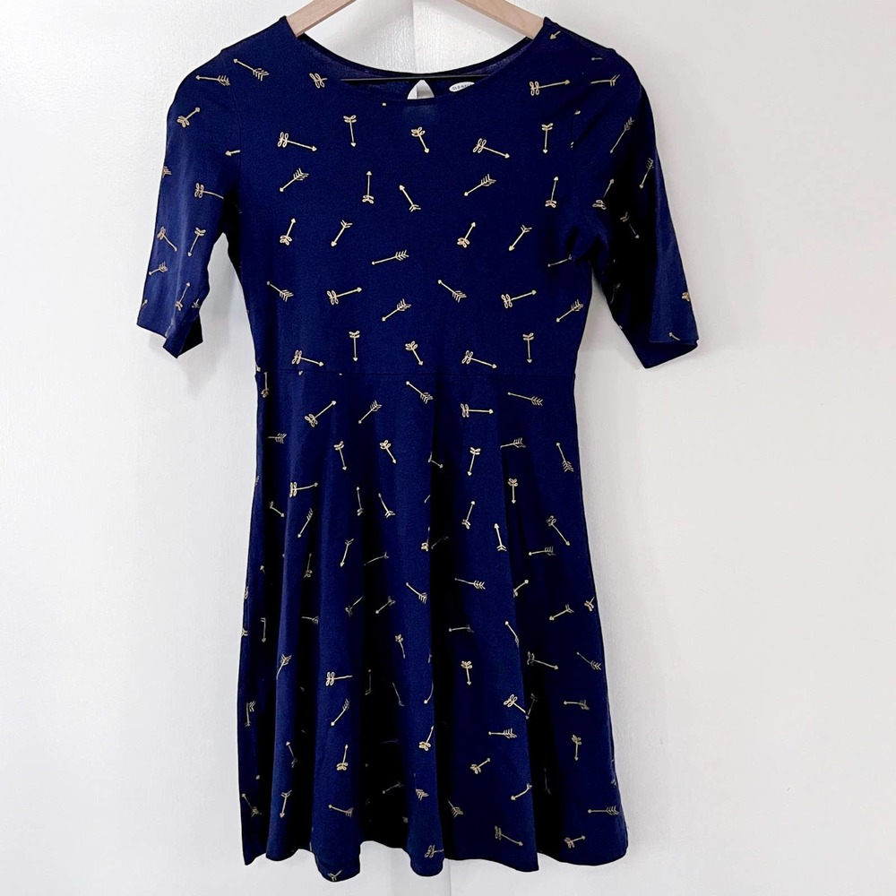 Old Navy Girls' XL (14) Half Sleeve Skater Dress Navy Blue Gold Arrows Print